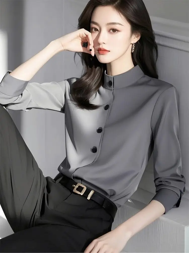 French style gray stand up collar shirt for women in early spring 2025, new fashionable commuting and leisure style