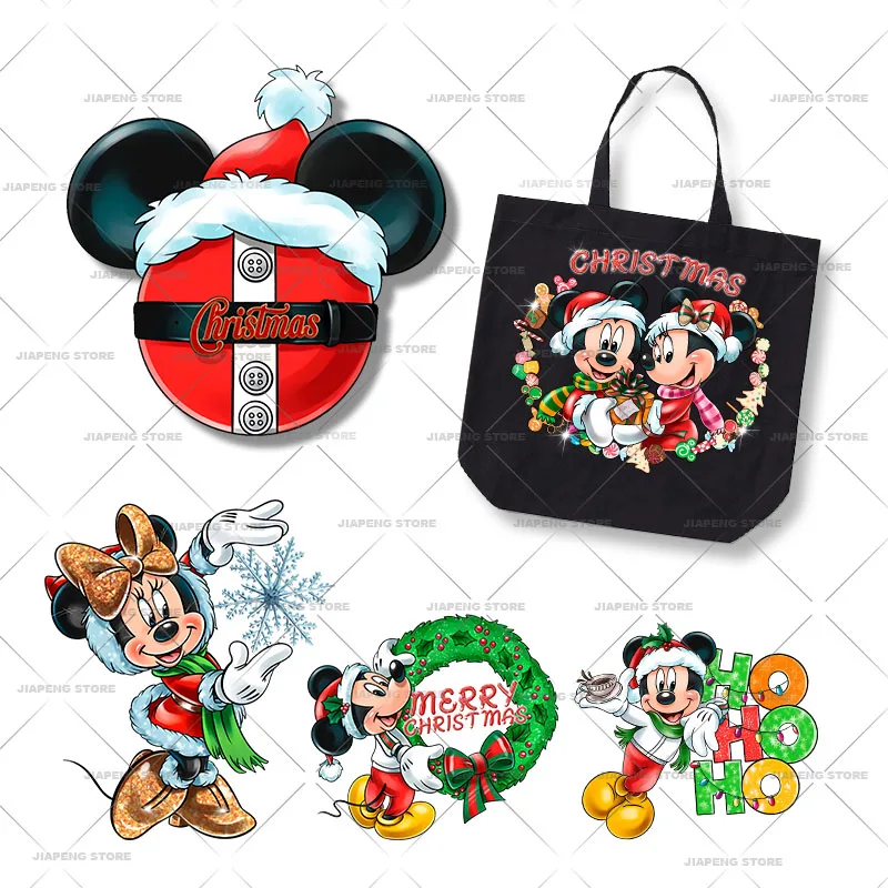 

Minnie Mouse Christmas Decor Print Heat Transfer Vinyl Stickers For Clothes Disney Mickey Luxury Iron on Patches On Bag DIY Gift