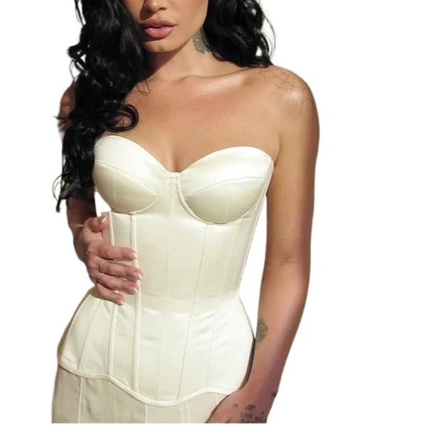 

Corset Bustier Cups Overbust Vintage Bodices Tight Lace Up Double Boned Shaping Tops Waist Chinner Wedding Satin Red