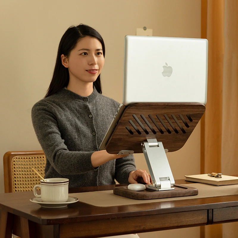 Solid Wooden Laptop Stand Holder 360° Rotation Adjustable Height Macbook Holder Stand Laptop Riser Rack FAS Grade Black Walnut
