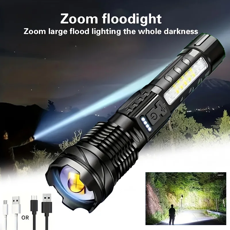 

LED Strong Light Flashlight Portable Waterproof USB Rechargeable Built in Battery Zoom With Side Light Outdoor Camping Fishing