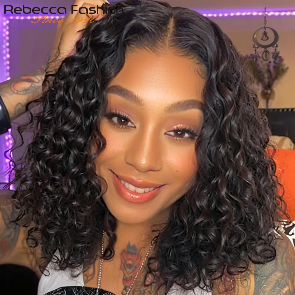

12A Glueless Water Wave T Lace Front Wigs Human Hair Bob Wig PrePlucked Deep Lace Closure Wig 180 Density Ready To Wear On Sale