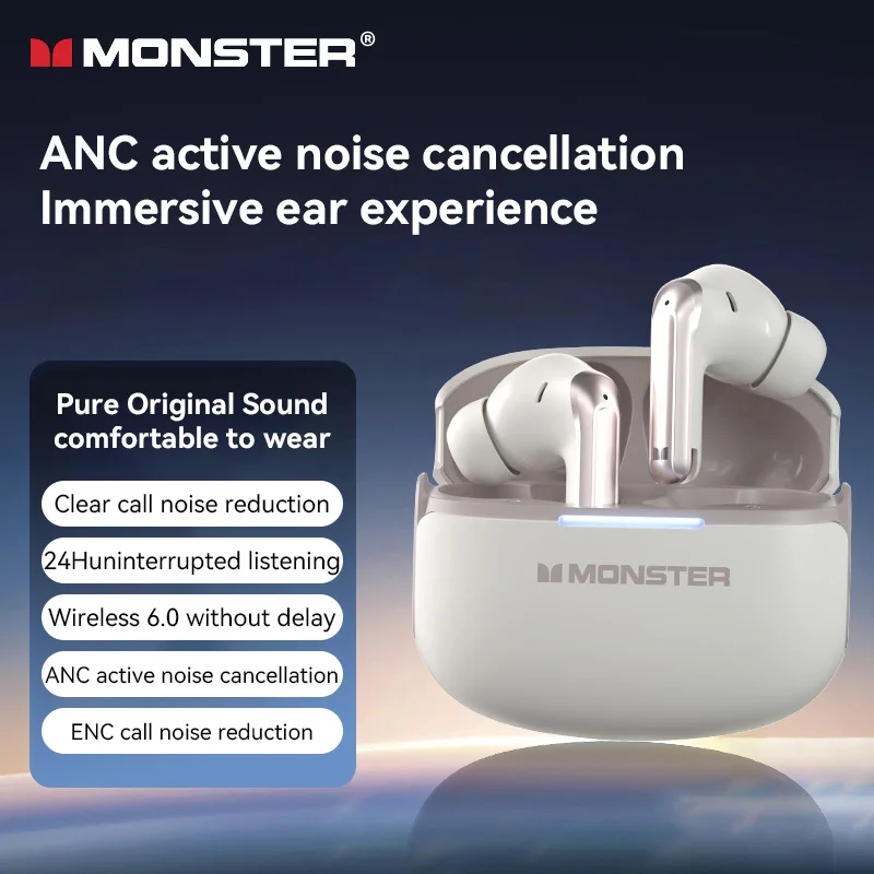 MONSTER AURA FIT D02 Wireless Bluetooth In-ear Headphones — Ergonomic Design ANC Active Noise Cancellation, Dual Mode Selection