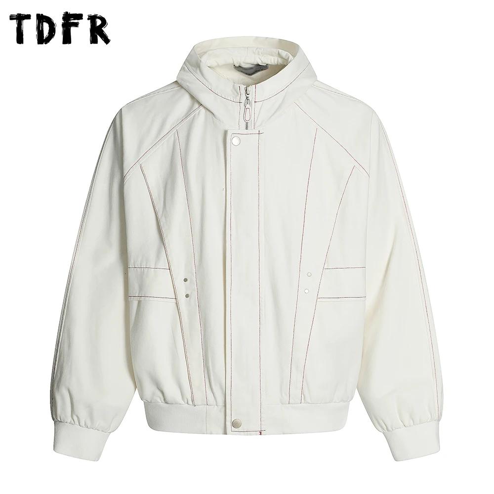 

Pocket Spliced Hooded Cargo Jacket Mens Topstitch Autumn Casual Retro Loose Long Sleeve Outerwear Man