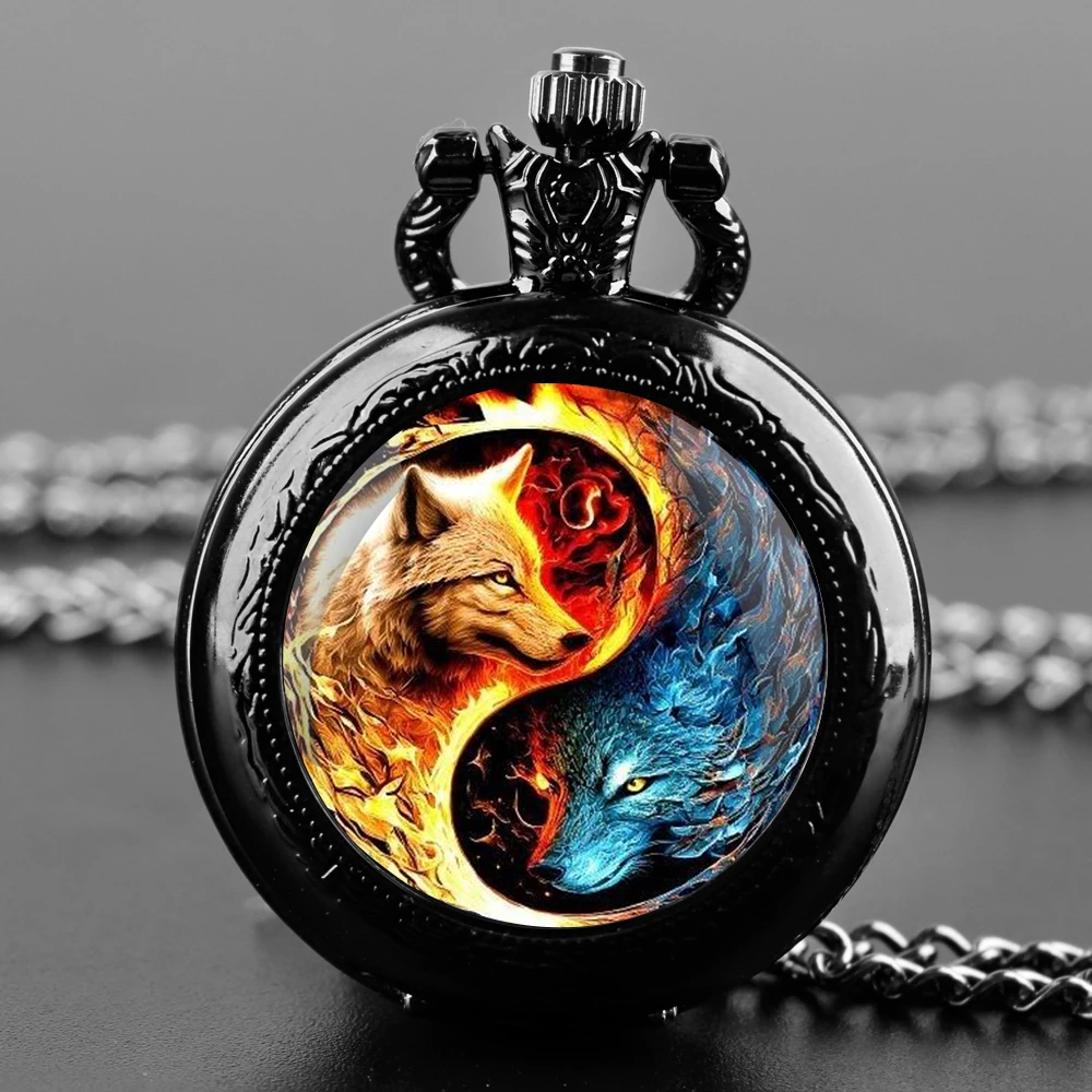 Yin and Yang Wolf Quartz Pocket Watch Necklace Clock Chain Pendant Women Men Pocket Watch Kids Jewelry Gift reloj de bolsillo