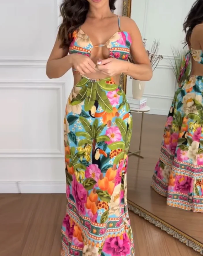 

Floatl printed V-neck lace up hollow vacuum dress for women's casual A-line lace up detail backless long skirt, summer new style