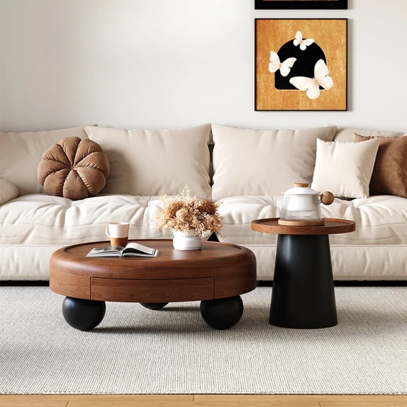 

Living room household small apartment round solid wood coffee table modern simple Italian light luxury