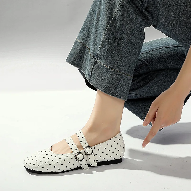 

Flats Shoes Woman 2025 White Faux Suede Polka Dot Round Toe Double Buckle Elegant Luxury Mary Janes Shoes Casual Office Dress