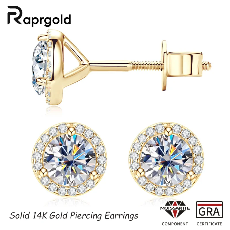 

RAPRGOLD однотонные серьги-гвоздики из золота 10 карат для женщин, сертифицированные GRA, круглые серьги с муассанитом 0,5 карата, серьги для пирсинга, ювелирные изделия, подарки