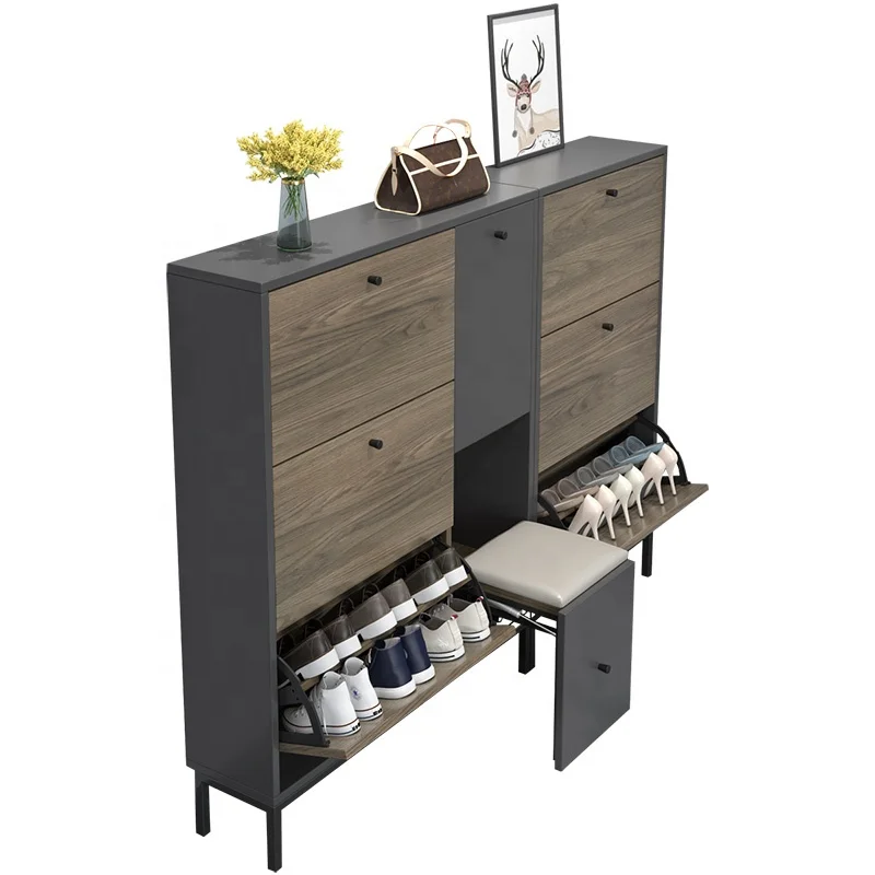 Adjustable Shelf Shoe Rack, Wooden Slim Bucket Closed Shoe Cabinet with Hidden Shoe Changing Stool, Modern Storage for Home