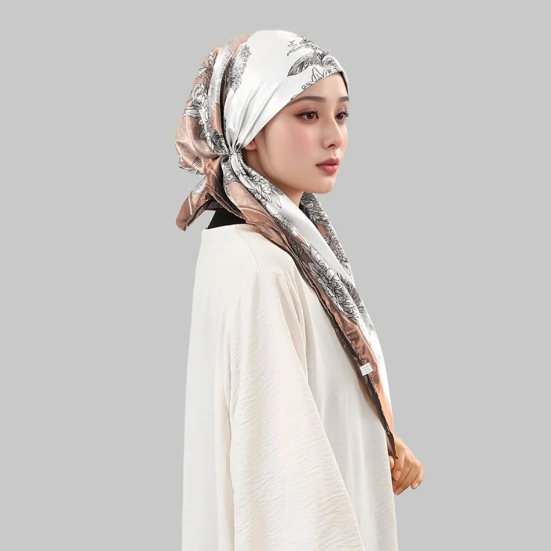 Pre-Tied Satin Hijab Inner Cap Floral Printed Instant Muslim Headscarf All-In-1 Head Wrap Hat Breathable Scar for Abaya Ramadan
