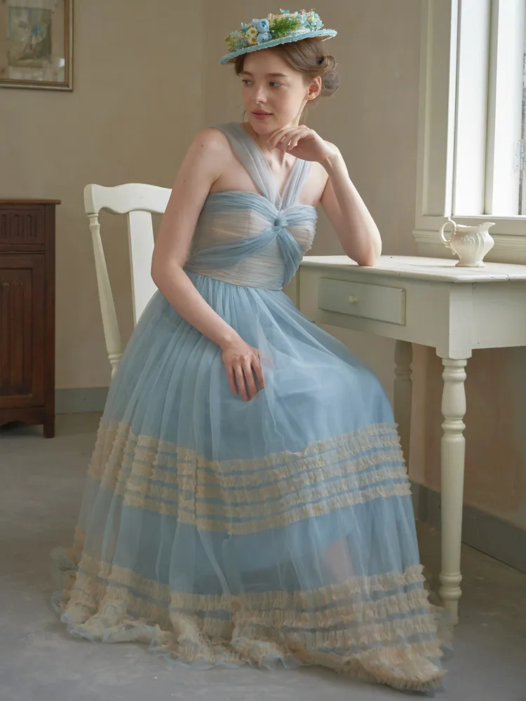 

80-92cm Bust Summer Blue Light Wedding Dress Women Elegant Slim French Court Romance Big Swing Birthday Maxi Dress Evening Dress