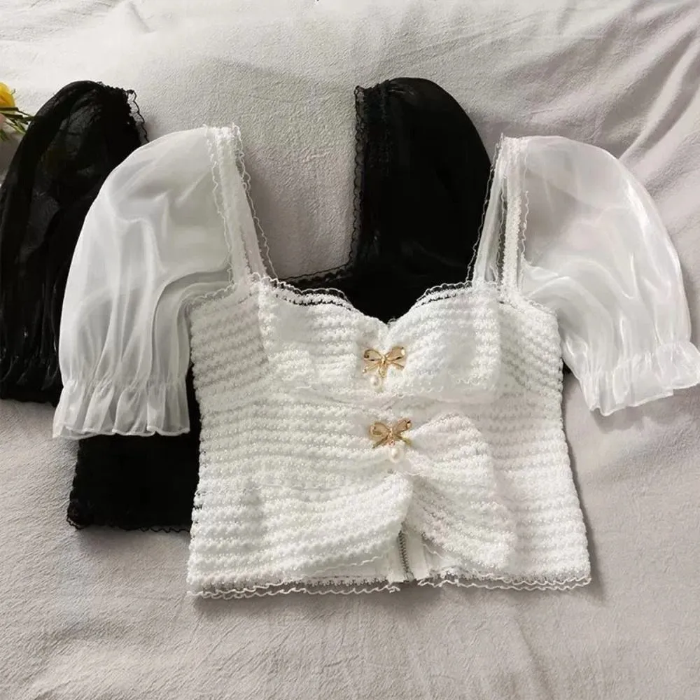 

Плиссированный укороченный топ с пышными рукавами, пикантный стиль для девочек, трикотажная футболка с кружевом и бантом, женская одежда, облегающий милый топ, женский женский
