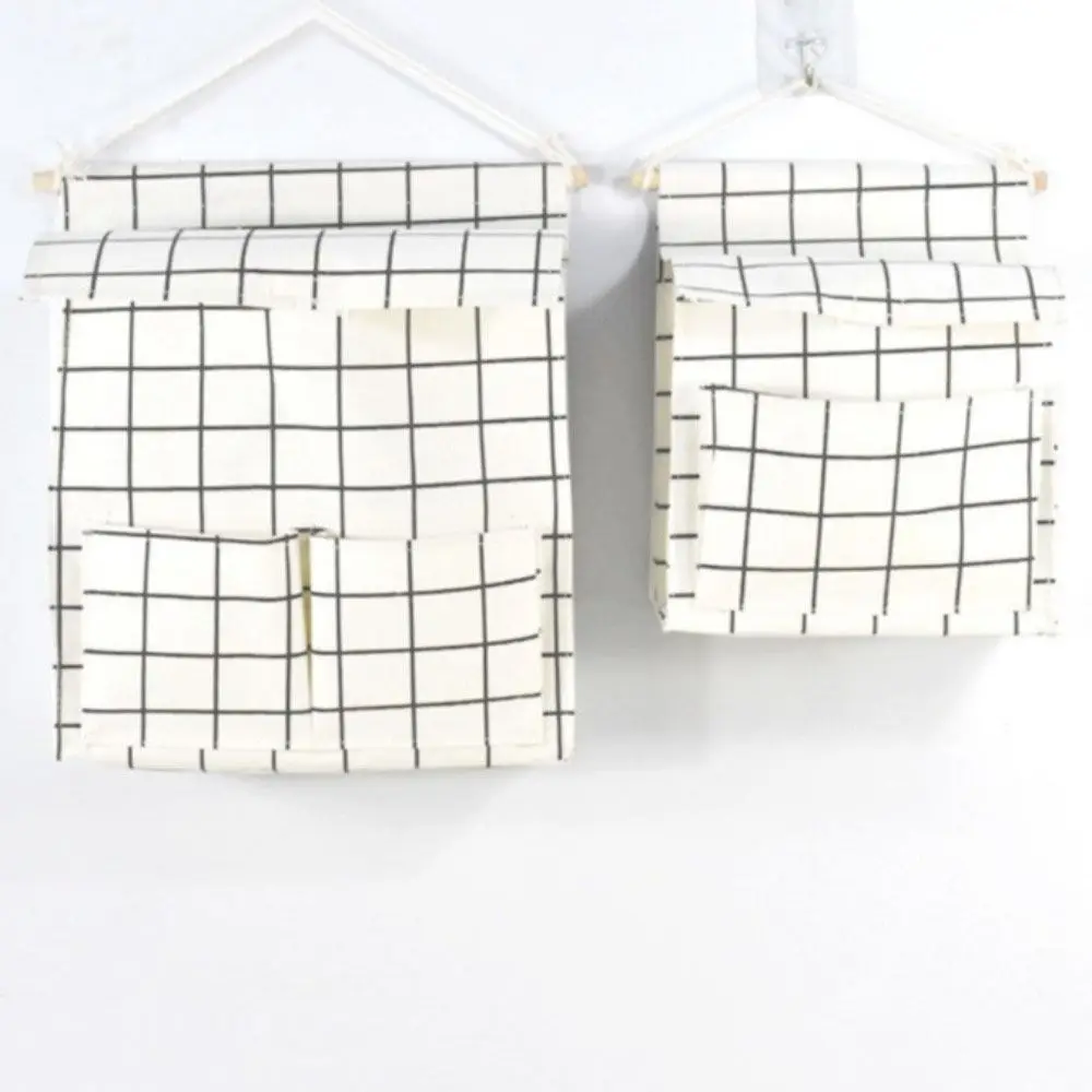 

Wall Mounted Wall Hanging Bag 3 Pockets Dustproof Cover Sundries Storage Pouches Plaid with Hook Bedside Organizer Dormitory