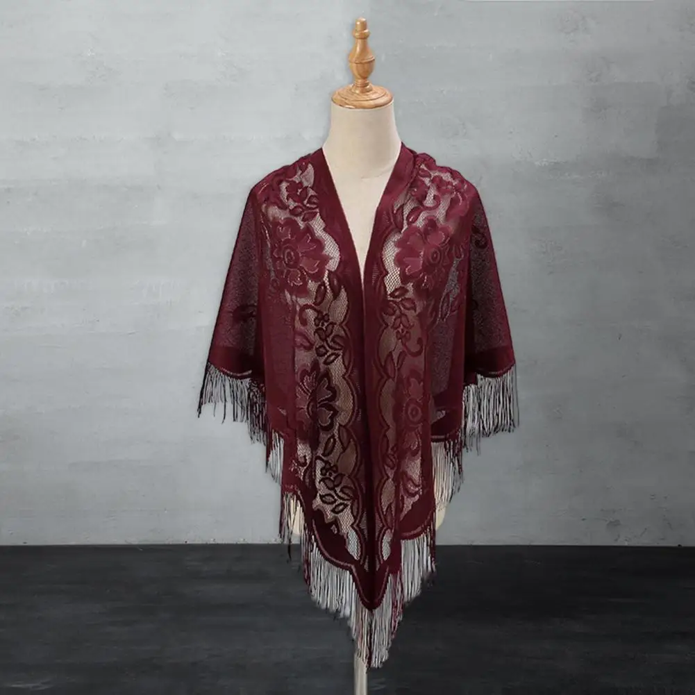 2025  Women Party Shawl Flower Embroidery Hollow Out Tassel See-through Solid Color Clothes Matching Cardigan Prom Scarf Lady