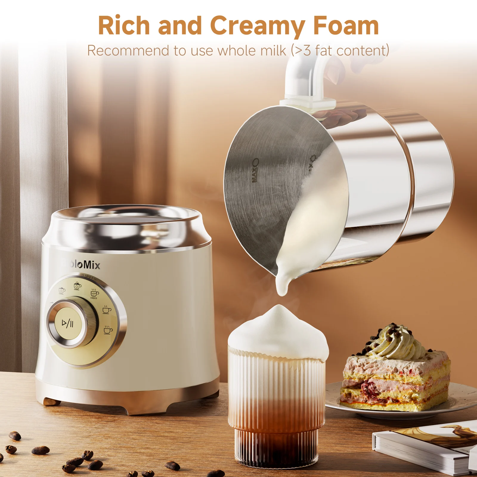 BioloMix 7-in-1 Electric Milk Frother Steamer with Detachable Base for Hot and Cold Foam Coffee Hot Chocolate Dishwasher Safe