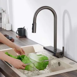 Waterfall Kitchen Faucet Temperature Display For Hot and Cold Water Pull Out Deck Mounted Sink Tap