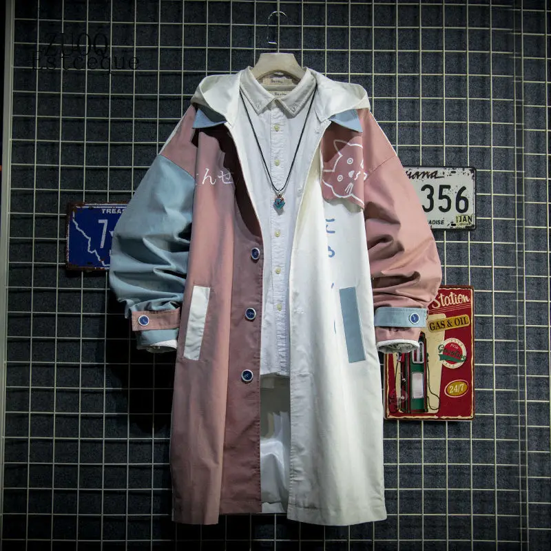 

Новинка 2025, весенне-осенний длинный плащ, мужские милые лоскутные толстовки с мультяшным принтом, модная мужская куртка в стиле Харадзюку в стиле аниме