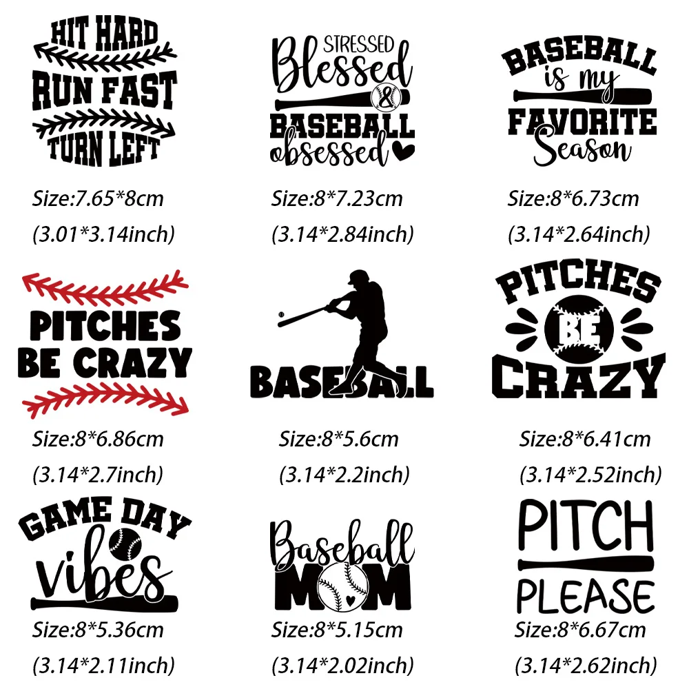 Baseball club transferência adesivos, vinil calor transferência patches usados para diy vestuário tecnologia, 9 peça