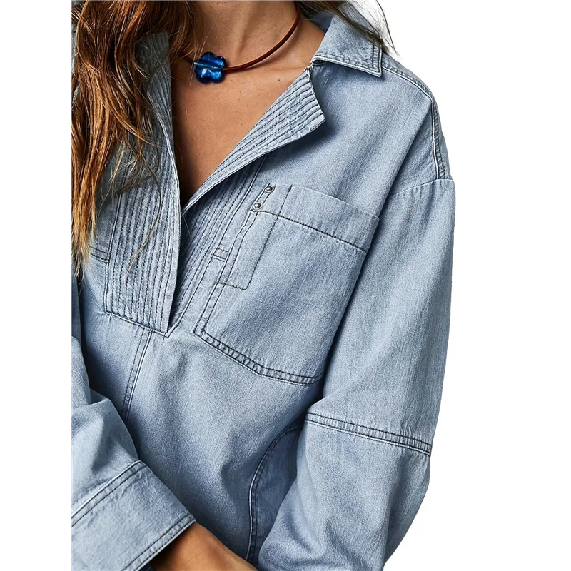 

Women's Denim Pullover Casual Button V Neck Blouse Loose Fit Long Sleeve Jean Jacket With Pocket