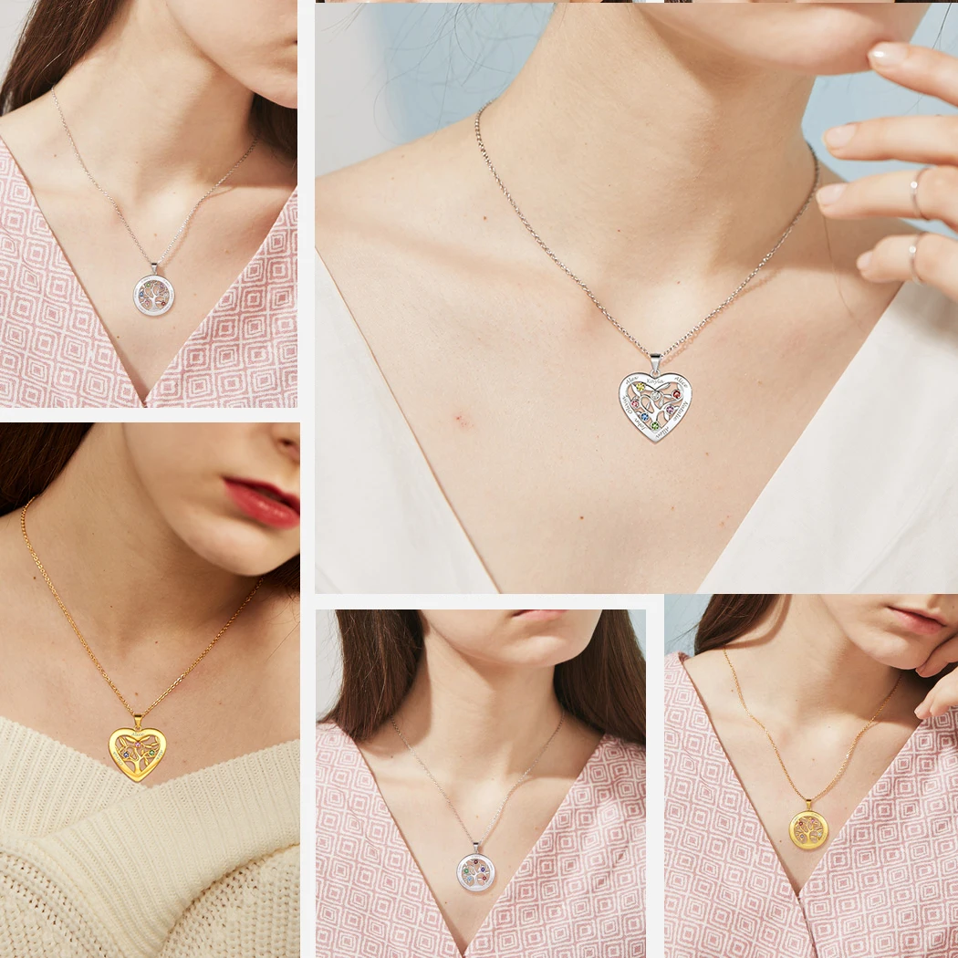 U7 Custom 925 Sterling Silver Heart round Tree of Life Necklaces with 2-7pcs Birthstones & Family Members' Names Jewelry Gift