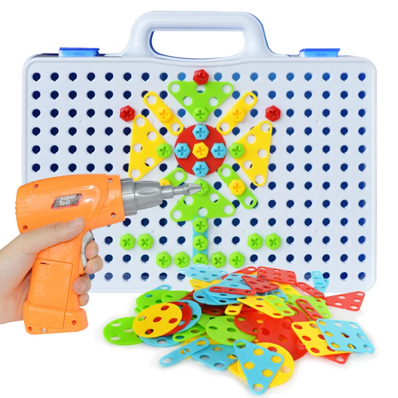 Mosaic Drilling Creative Screw Puzzle 3D Toys For Children Building Bricks Toys Kids DIY Electric Drill Set Boys Educational Toy