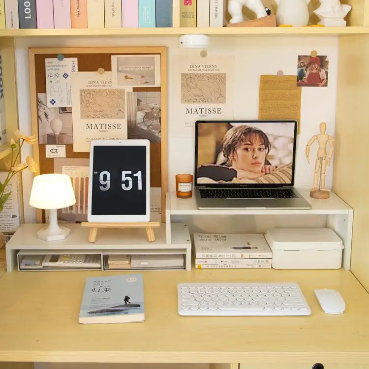 

Double Layer Stretch Cuter Riser White Desktop Office Desk Notebook Stand Der Included Simple Wooden Material Organizer