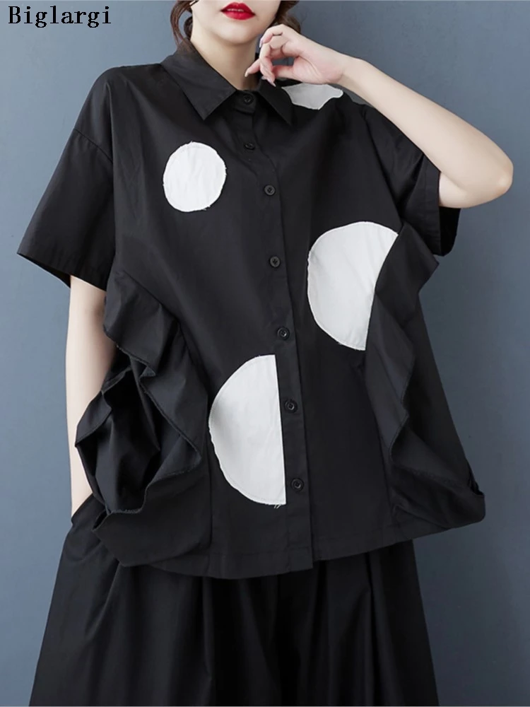 

Oversized Summer Shirts Women Polka Dot Print Fashion Irregular Pleated Ladies Blouses Casual Loose Short Sleeve Woman Shirt