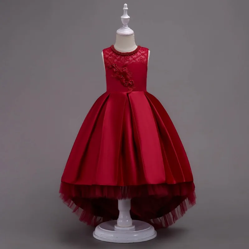 Robe de printemps et d'été pour enfants, queue de princesse, performance d'hôte, fleur, monochromatique, col rond, robes de fille