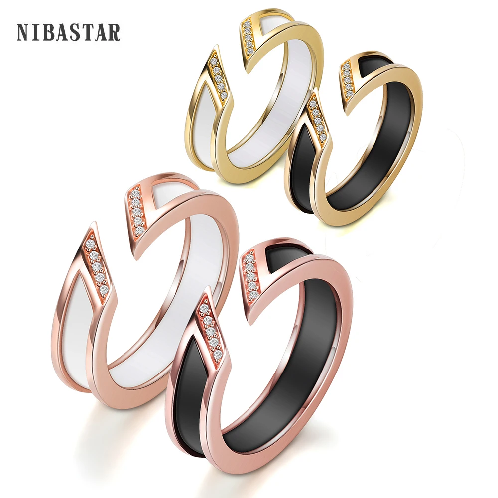 

Fashion Ceramic Jewelry Style White and Black Ceramic Rose Gold Color Stainless Steel CZ Stone Rings For Women