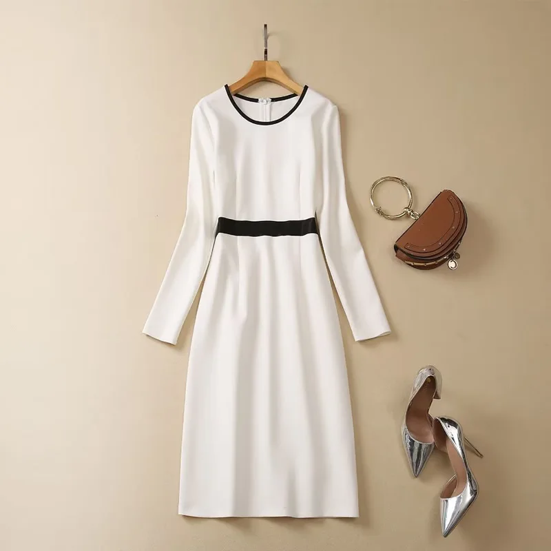 Kate Middleton Princess white dress fashion O-neck colorblock Long sleeve OL work dresses