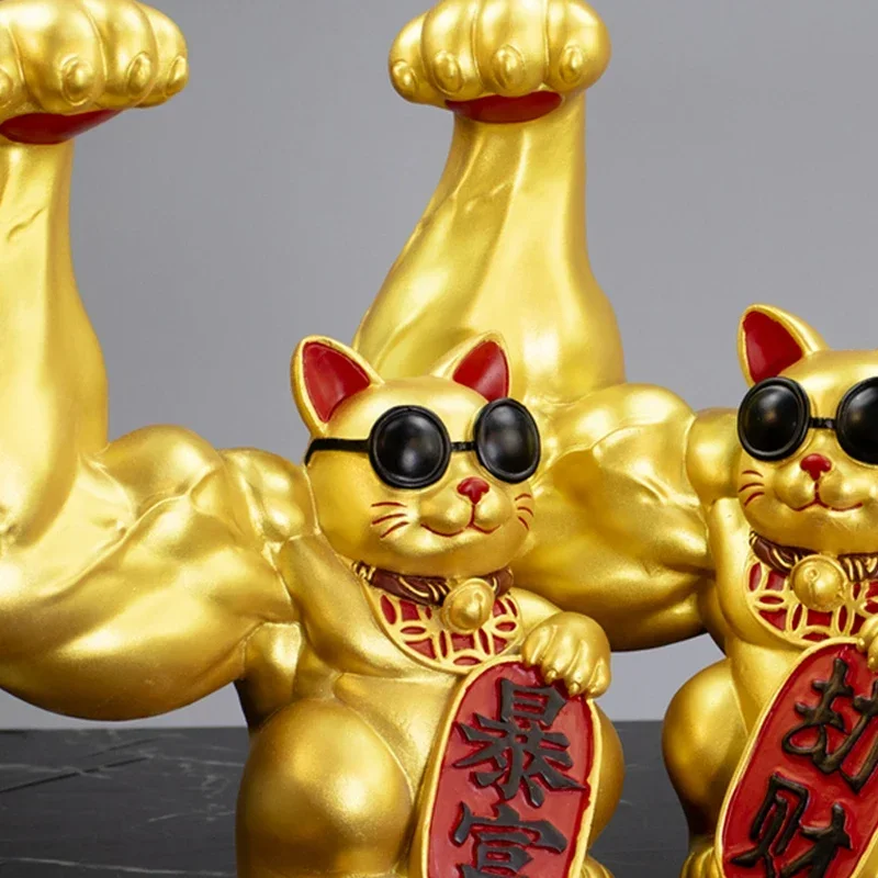 Abstract Big Arm Muscle Golden Cat Decor Statuette for Shop Living Room Lucky Cat Cartoon Animal Sculpture Vigorous Cat Statue