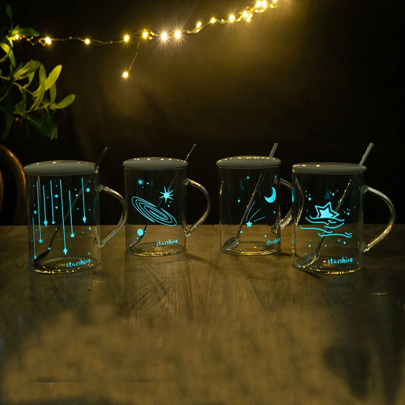 480ml Glow In The Dark Glass Mug Coffee Cup Transparent Mug with Lid and Spoon Water Juice Milk Tea Cup Office Home Drinkware