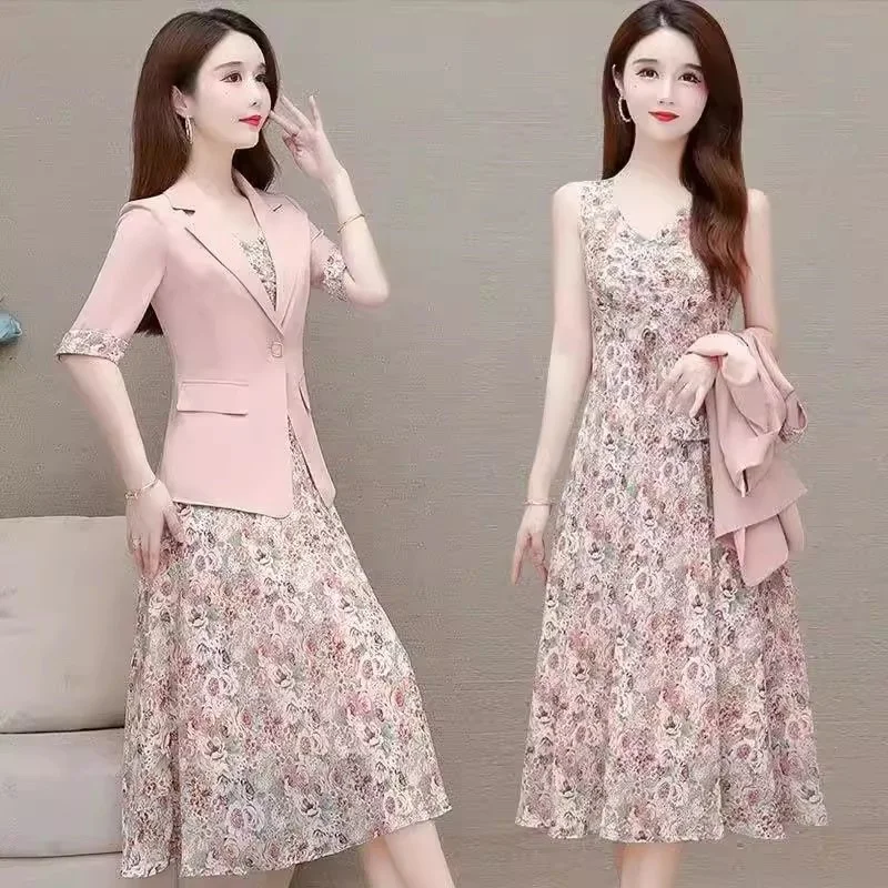 Blazer rosa e vestido floral ternos 2025 novas senhoras fino ajuste meados de comprimento conjunto de verão vestido de duas peças para vestido feminino primavera tdl