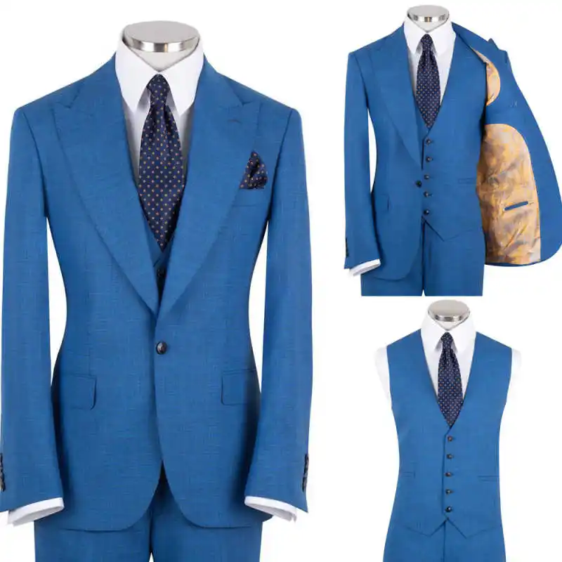 Classic Notch Lapel Single Breasted 3 Piece Men's Suit Blue Wedding Tuxedo with Vest Tie Square Groom Blazer Custom made M264251