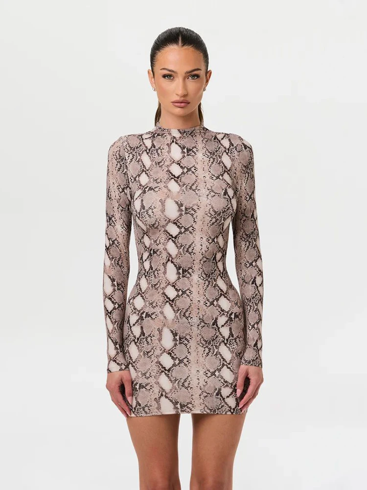 Kliou Serpentine Print Mini Dress For Woman o-Neck Full Sleeve  Skinny Stretch Hot Girl Midnight Club Party Sexy Fashion Bodycon