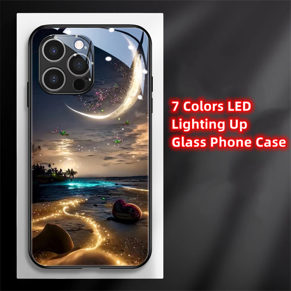 2026 Pretty Galaxy Beach Smart LED Light Glow Tempered Glass Phone Case For iPhone Air 18 17 16 E 15 14 13 12 11 Pro Max