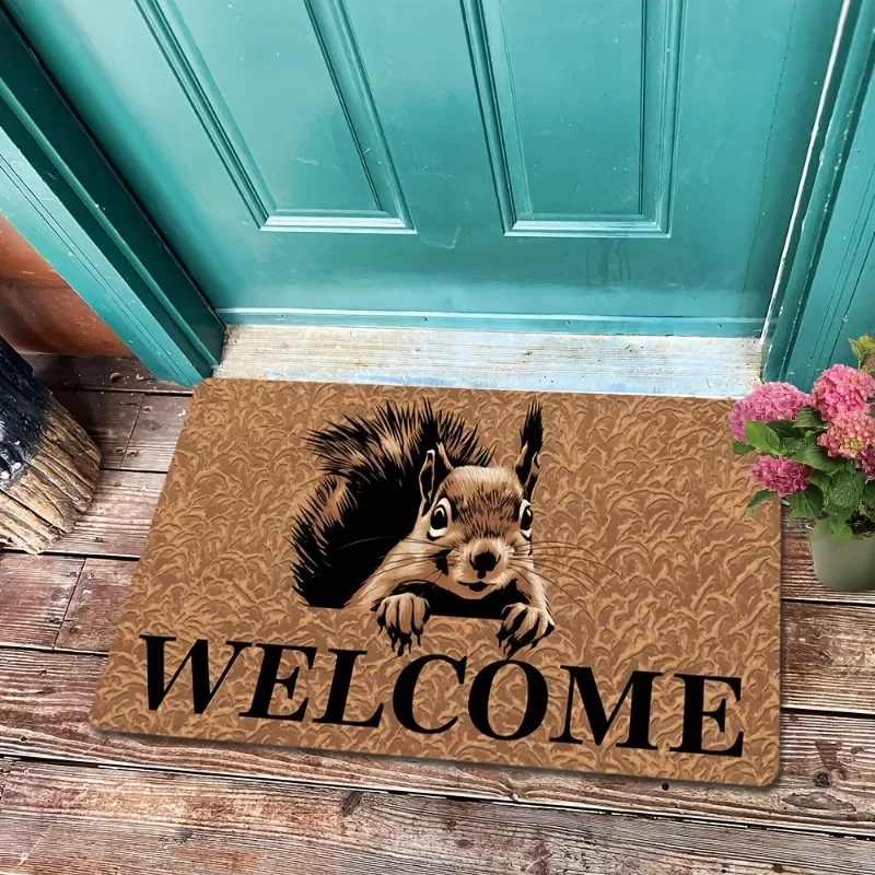 Funny Cartoon Squirrel Paw Print Quote Door Mat Humorous Decorative Non-slip Carpet Rug for Front Door Entryway Home Decoration