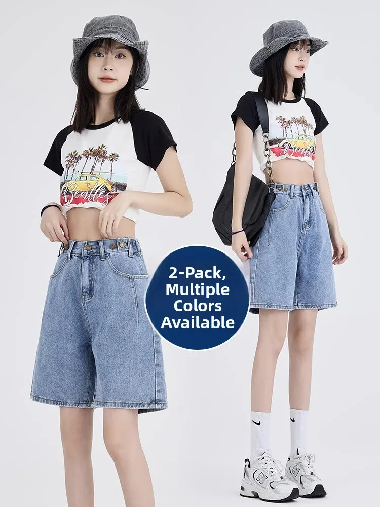 

Sweet Cool High Waist Five-Point Women's Jeans Summer Thin Design Loose Slim Straight Tube Mid-Length Cotton Polyester Blend