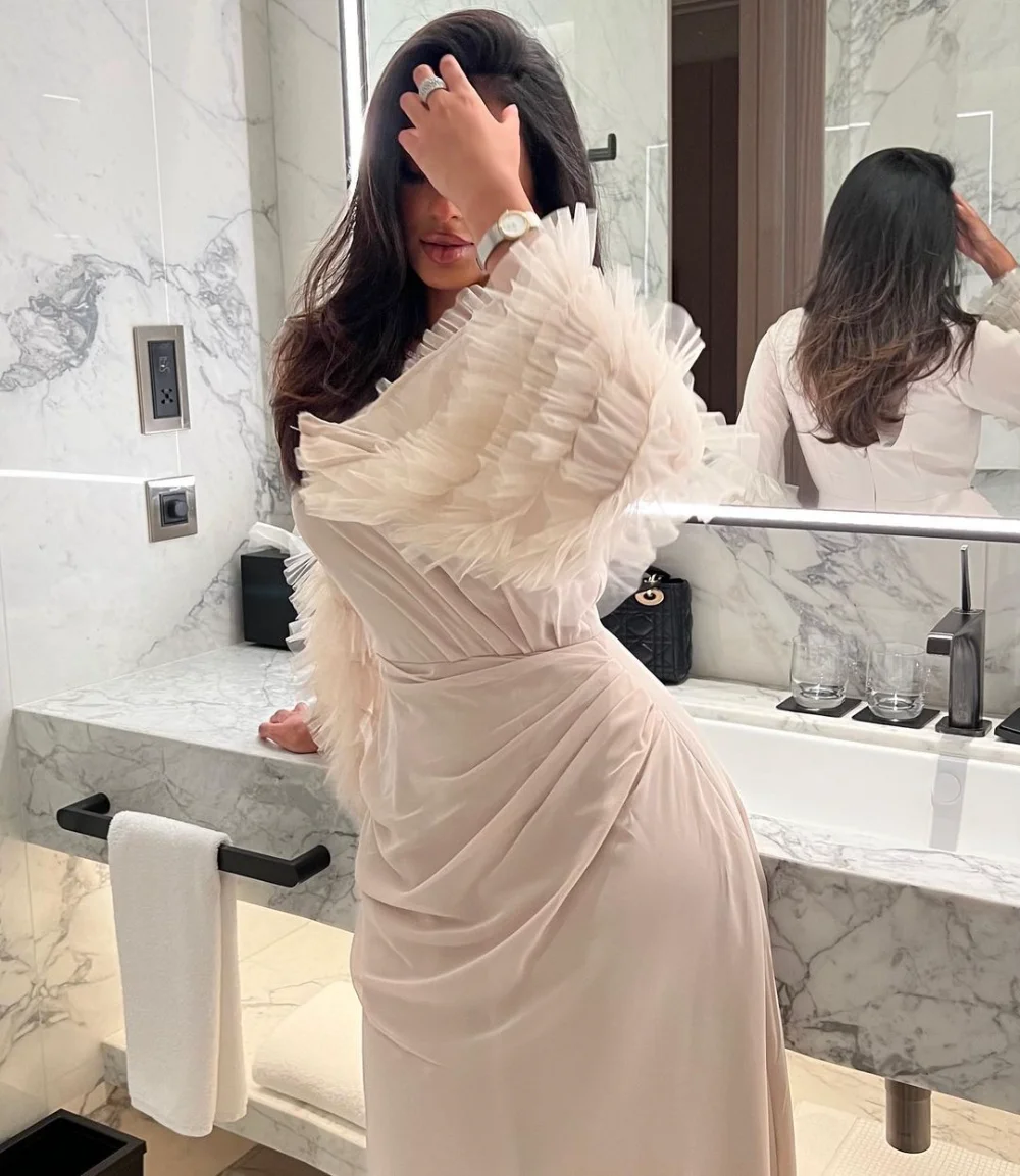 White Dress Woman Long Sleeves Scoop Neck Prom Dress Half Ball Sleeve Formal Occasion Eveing Gowns for 2023 Women