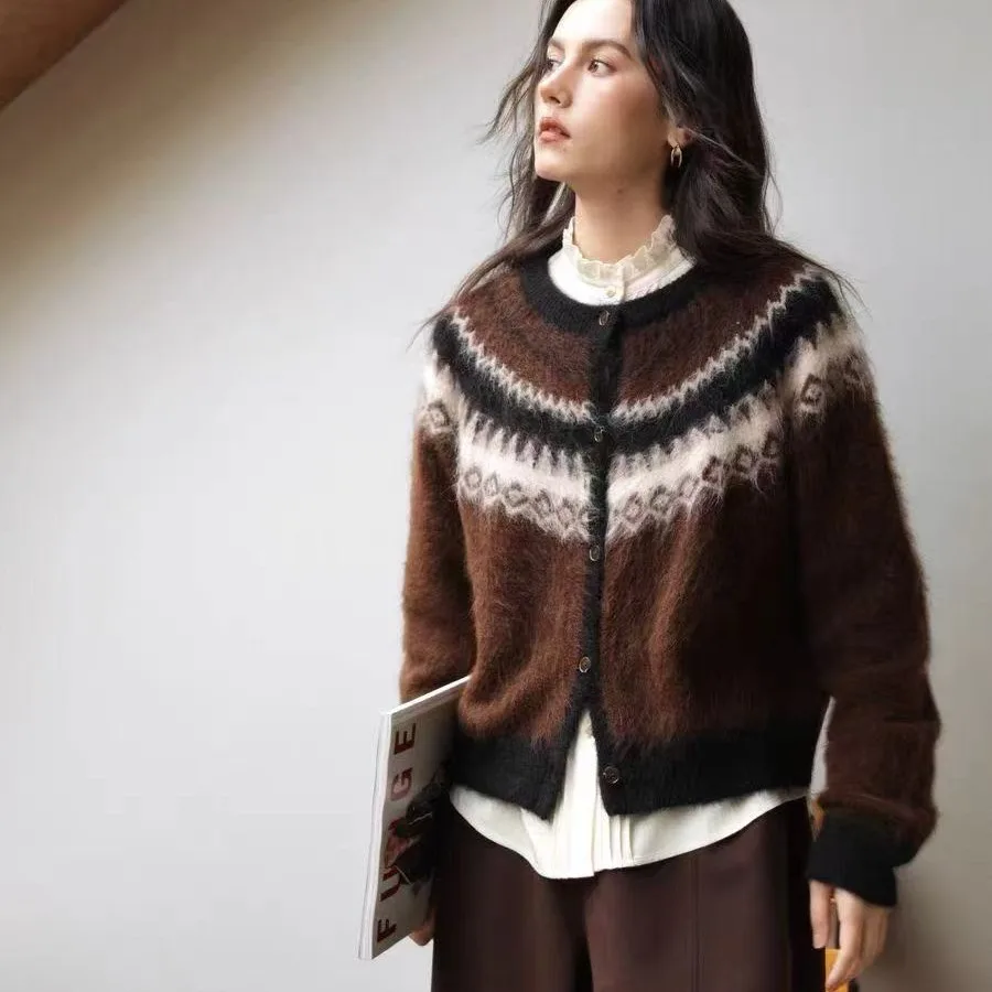 Button Up Fair Isle Pullover Strickjacke Weiche Strickpullover Jacke Geometrischer Druck Gemütliche Strickwaren Teen-Mädchen Herbst Winter Vintage Outfit