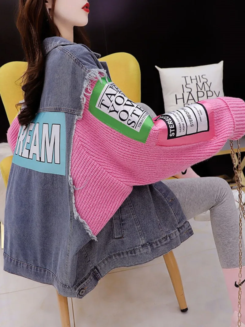 Harajuku Jeans Sweater Jacket Women Fashion Patchwork Letters Denim Cardigans Jersey Cardigan Korean Clothes Outerwear 2023