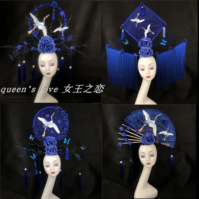 Retro royal blue blue and white porcelain model stage performance crane fringed hair accessories