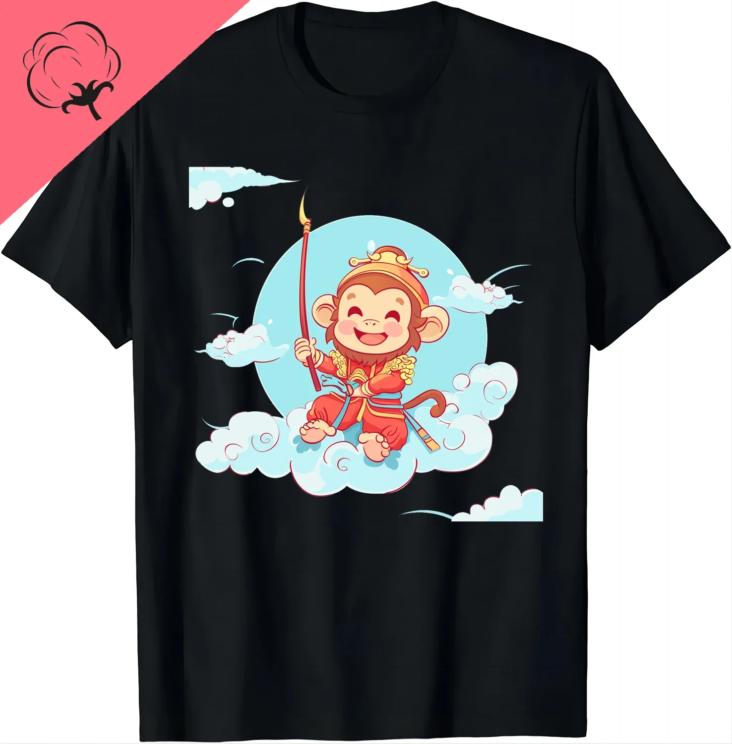 Comic Book Style Tee Featuring A Happy Flying Monkey T-shirts Sun Wukong Cartoon Design Graphic T Shirts Cotton Women Clothes