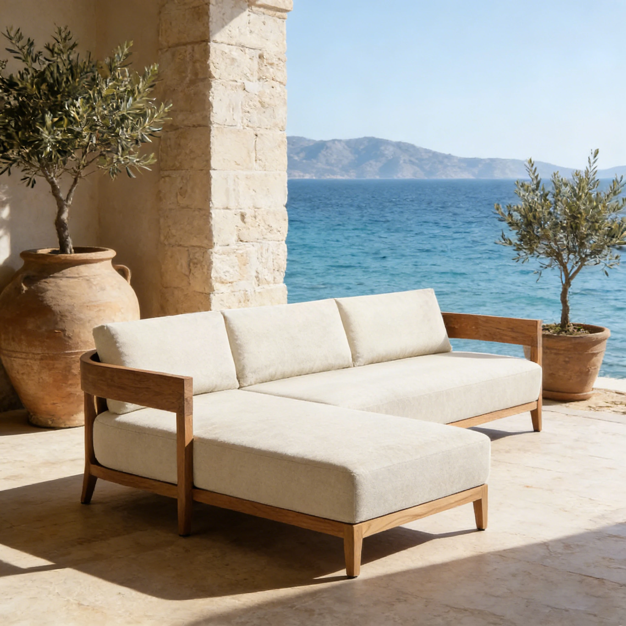 Teak Chaise Lounge and Sofa Set with All-Weather Cushions for Resort Villa Patio and Garden Lounge