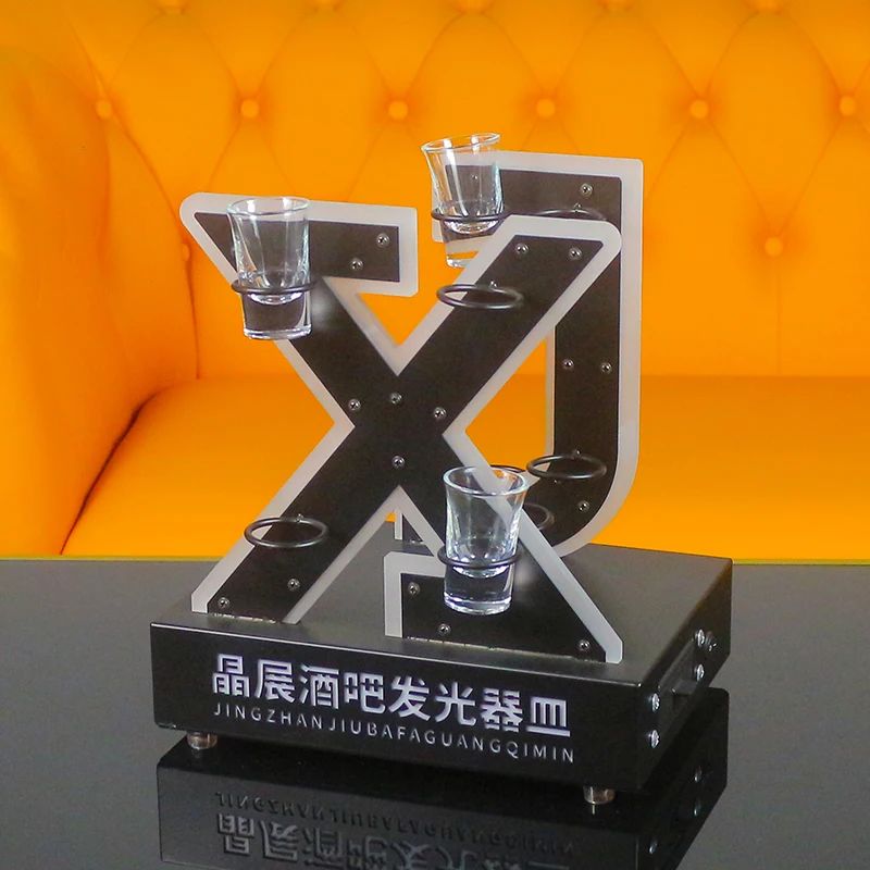 Stainless Steel LED Luminous Letter Logo Shot Glass Rack Bar Cocktail Glass Holder for Nightclub Party Decor