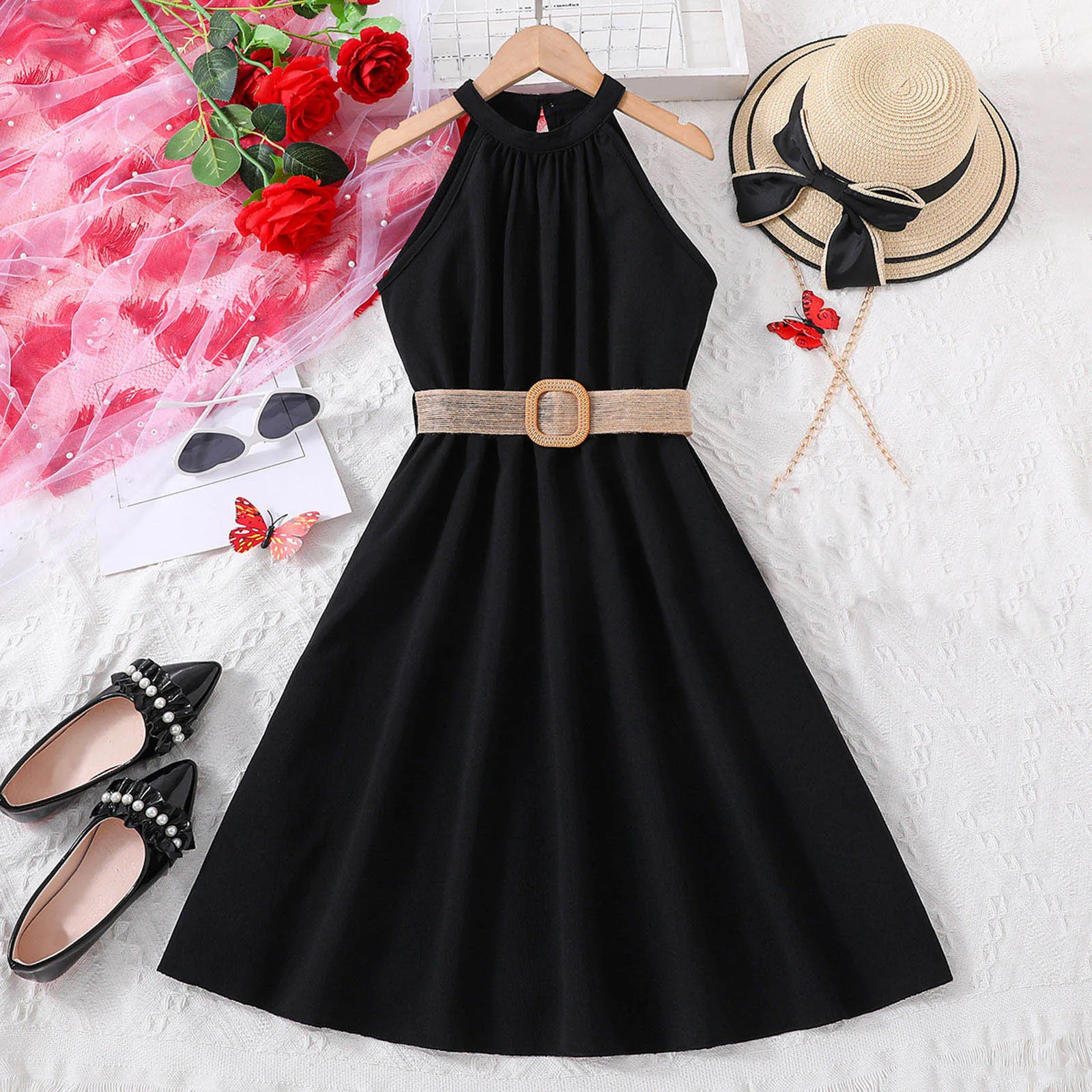 Solid Color Kids Girls Sundress Summer Children Sleeveless Gown Dress Hanging Neck Belt Princess Wedding Party Vestidos