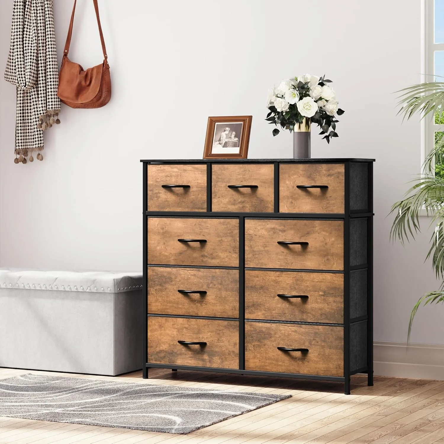 Dresser for Bedroom with 9 Drawers - Fabric Storage Tower, Tall Chest Organizer Unit for Living Room, Entryway, Closets, Brown