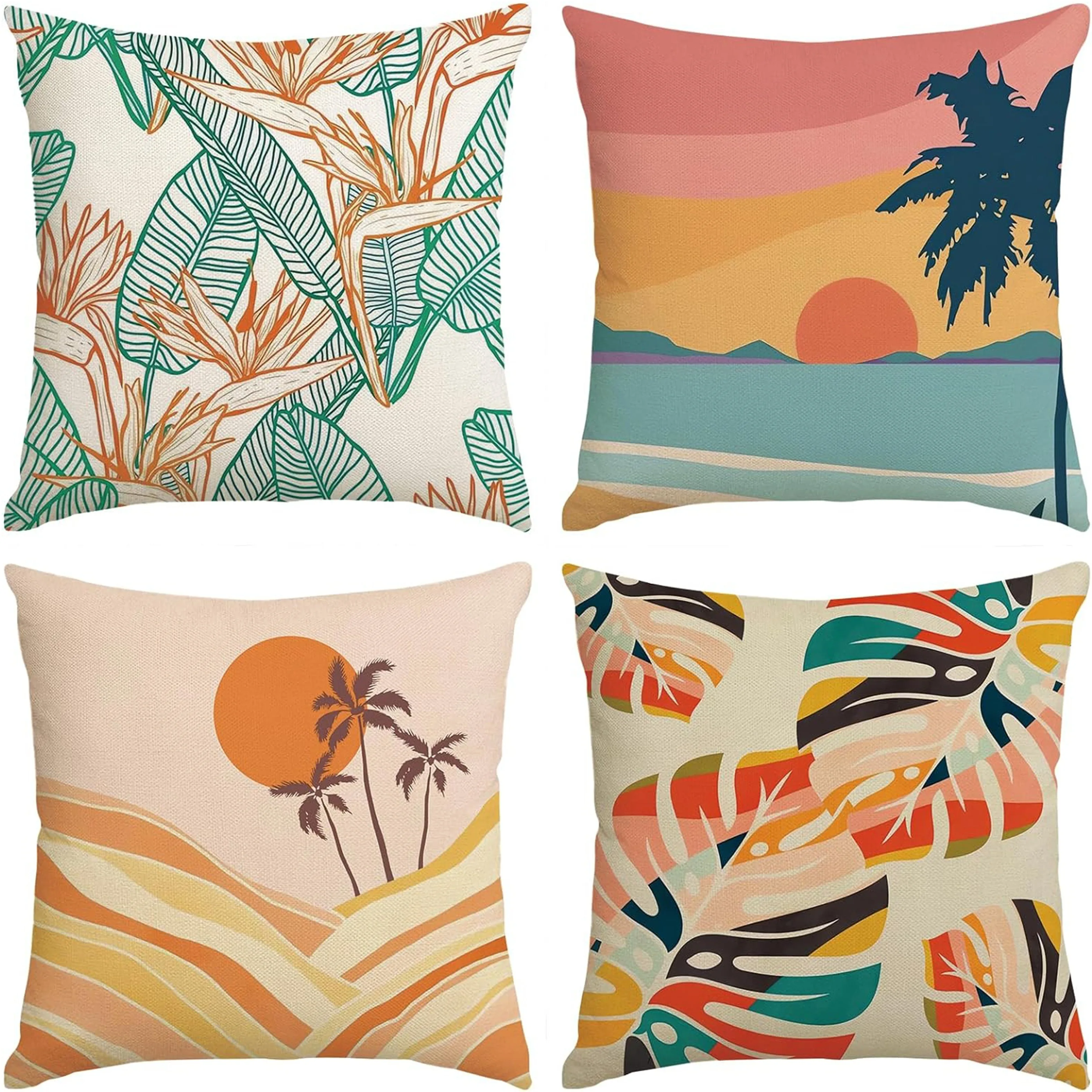 

4Pcs Farmhouse Throw Pillow Covers Vintage Warm Tone Seaside Tropical Plant Floral Pattern Cushion Cases for Study Lounge Decor