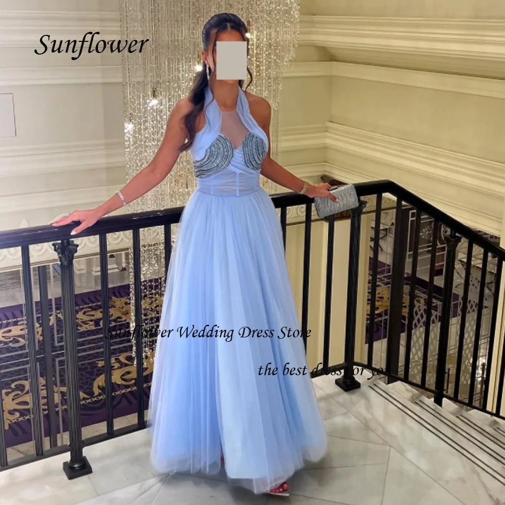 

Sunflower Halter Sleeveless Evening Dress 2023 Slim Tulle Prom dress Backless A-LINE Floor-Length Pary Dress